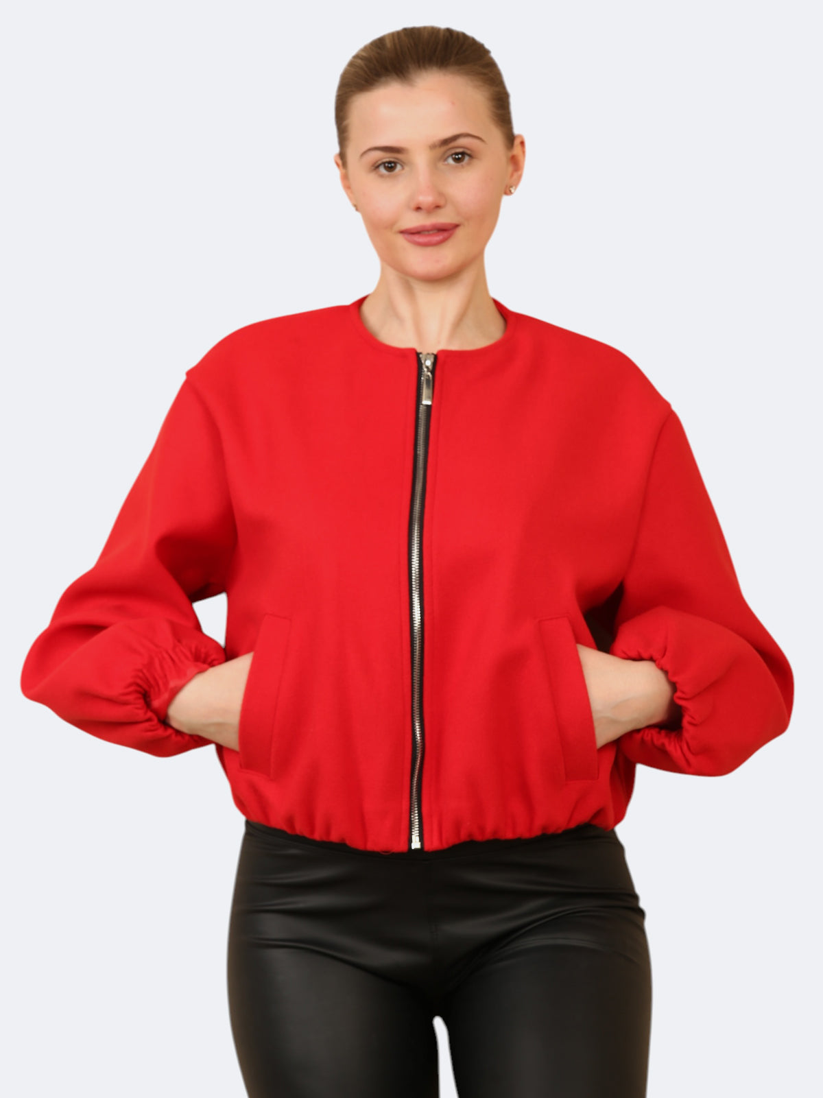 Women’s Balloon Sleeve Zipper Bomber Jacket