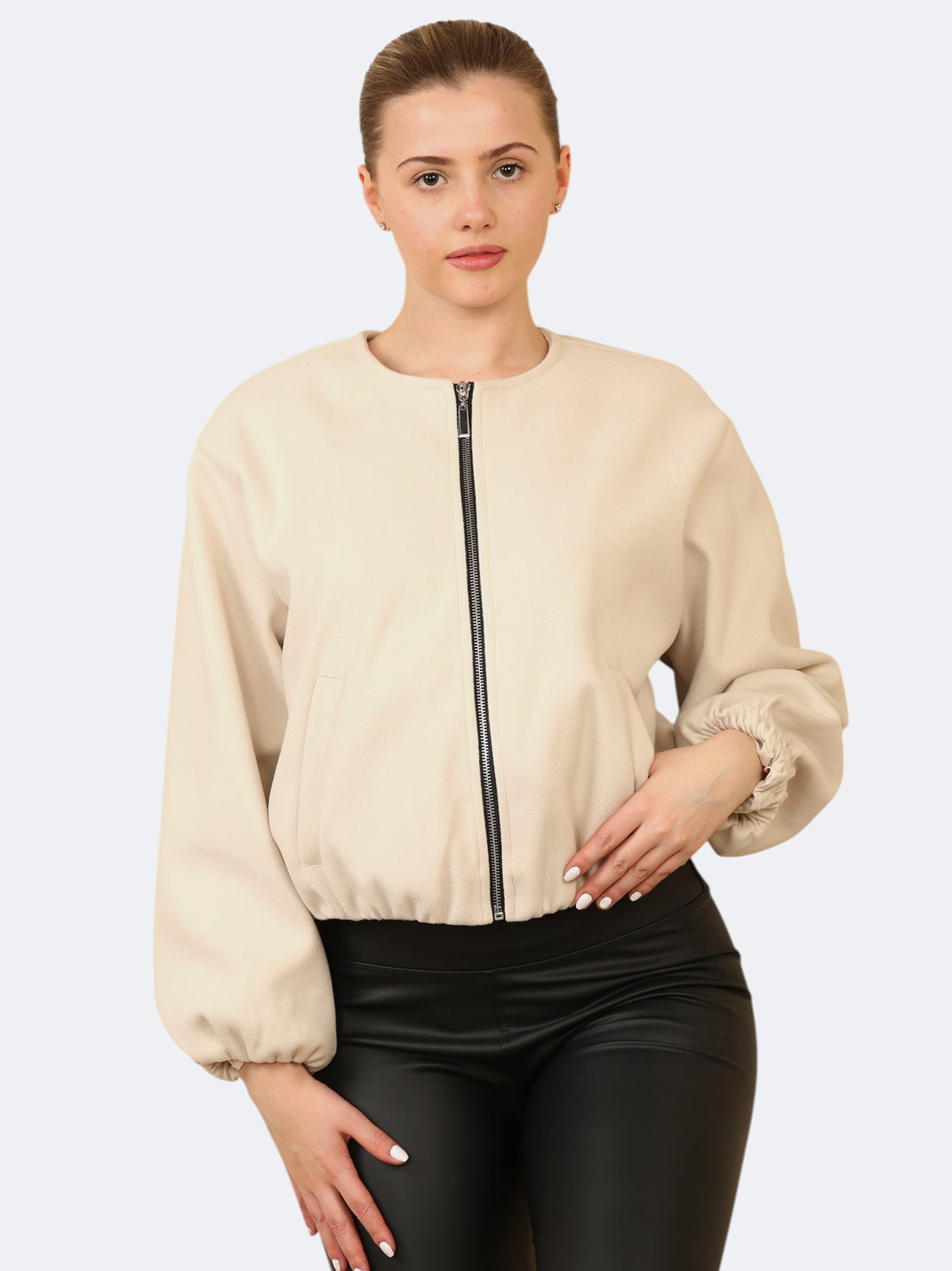 Women’s Balloon Sleeve Zipper Bomber Jacket