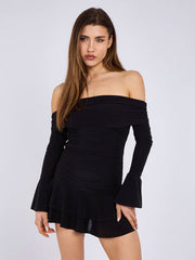 Side Ruched Off Shoulder Frill Detail Dress