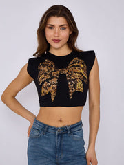 Leopard Bow Graphic Printed Crop Top