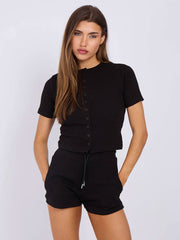 Ribbed Button Through Short Sleeve Top and Shorts Co-ord
