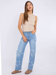 Embroidery Star Straight Leg Denim Jeans