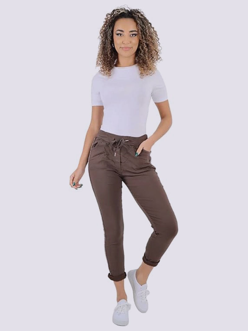 Womens Plain Side Glitter Ribbon Magic Trousers - Ladies Italian Yoga Pants Lagenlook Jogger Active Casual Stretchy Joggers Bottom Pants