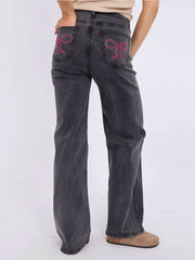 Straight Leg Denim Jeans With Bow Detail