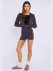 Zipped Hooded Crop Top & Seam Detail Shorts Fleece Co-ord