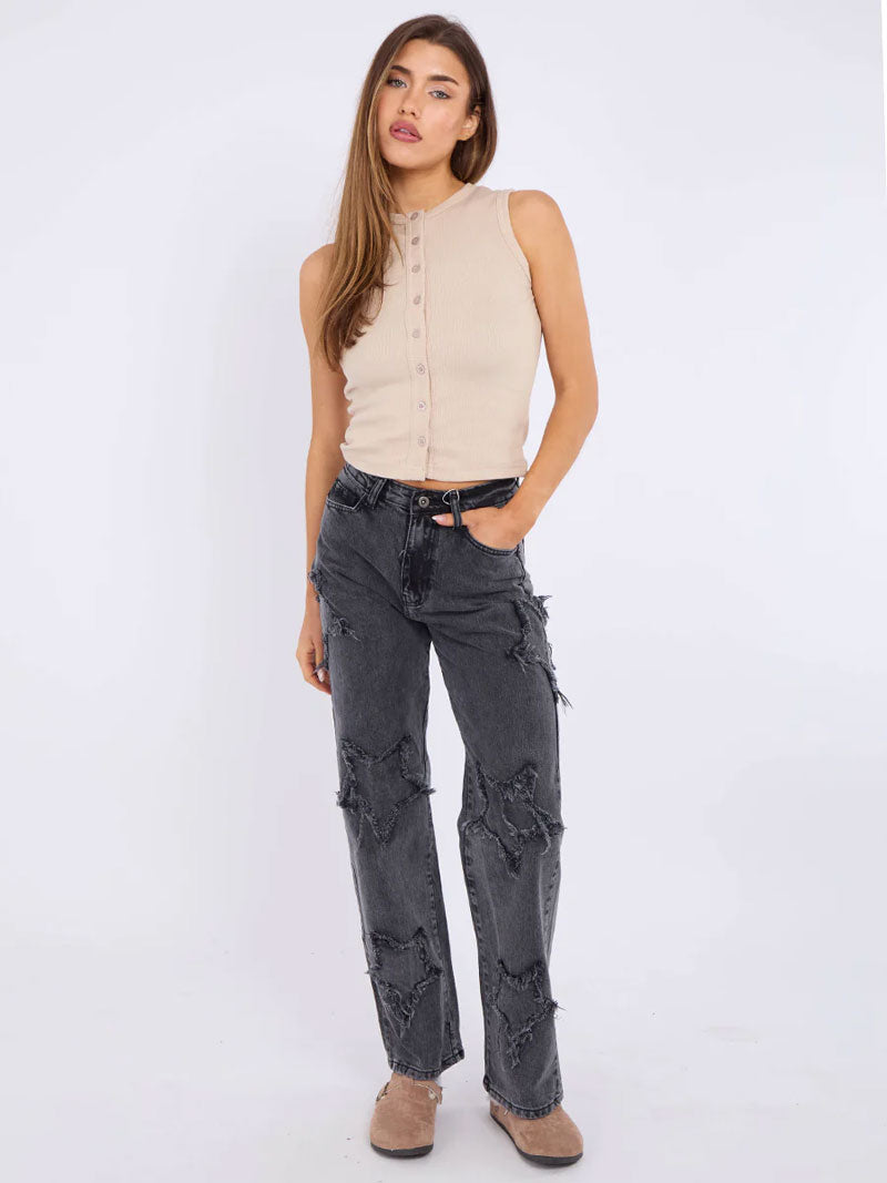 Embroidery Star Straight Leg Denim Jeans