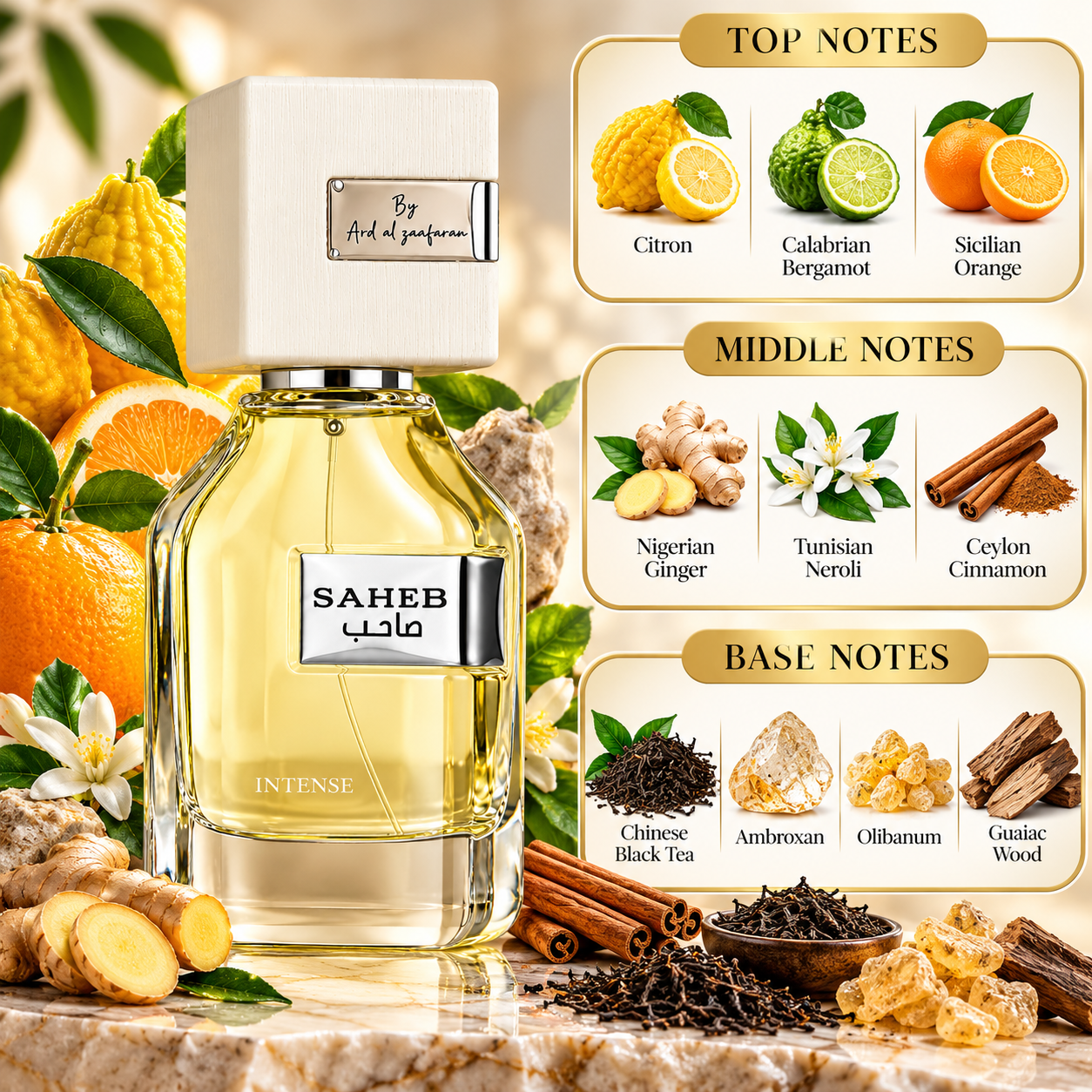 Saheb Intense EDP 70ml perfume by Ard Al Zaafaran, bottle close-up.