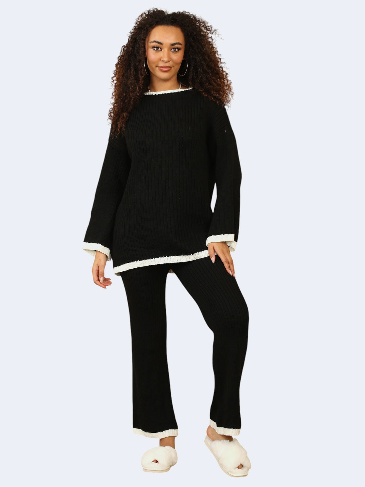 Women Round Neck Stitched Knitted Contrast Jumper & Trouser 2Pcs Co-Ord Set