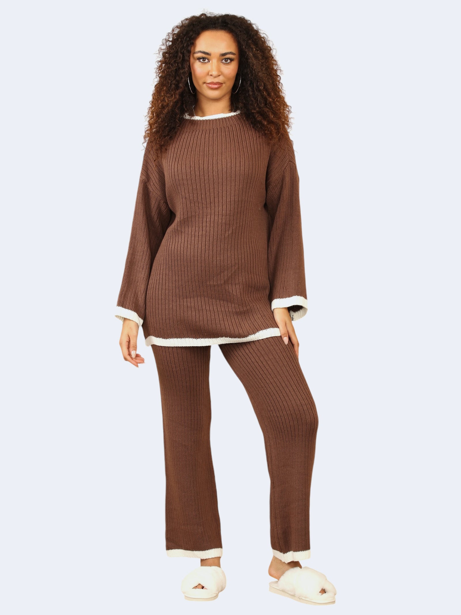 Women Round Neck Stitched Knitted Contrast Jumper & Trouser 2Pcs Co-Ord Set