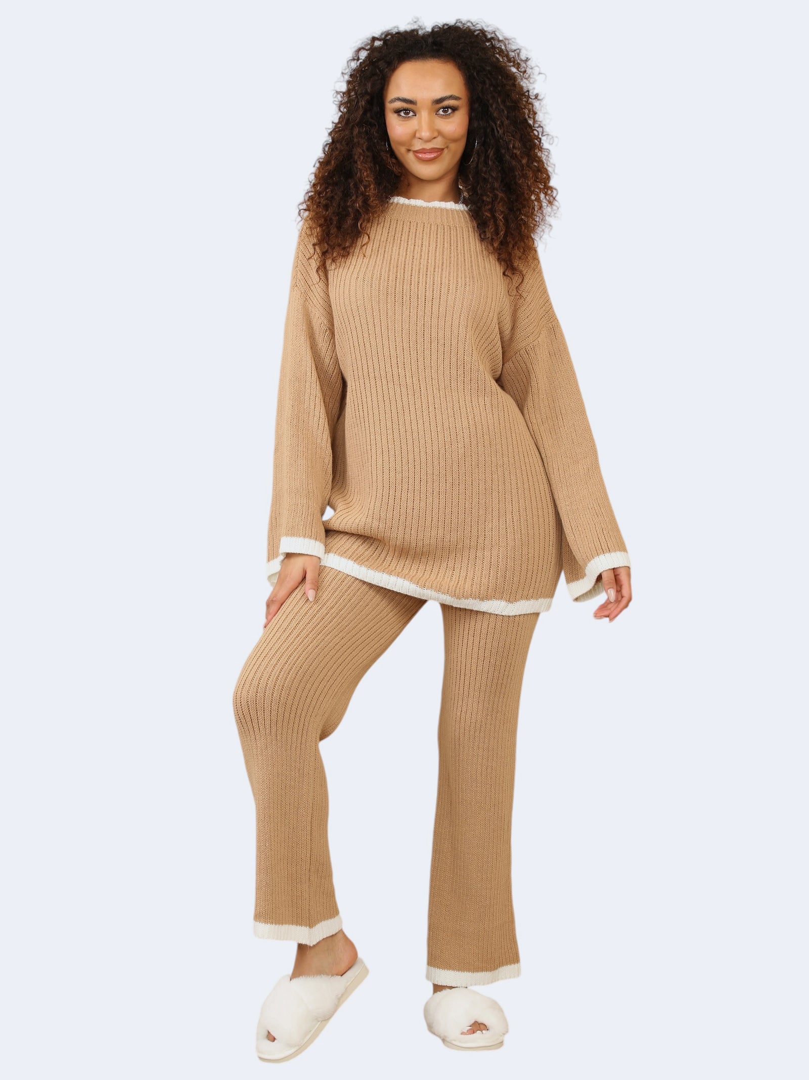 Women Round Neck Stitched Knitted Contrast Jumper & Trouser 2Pcs Co-Ord Set