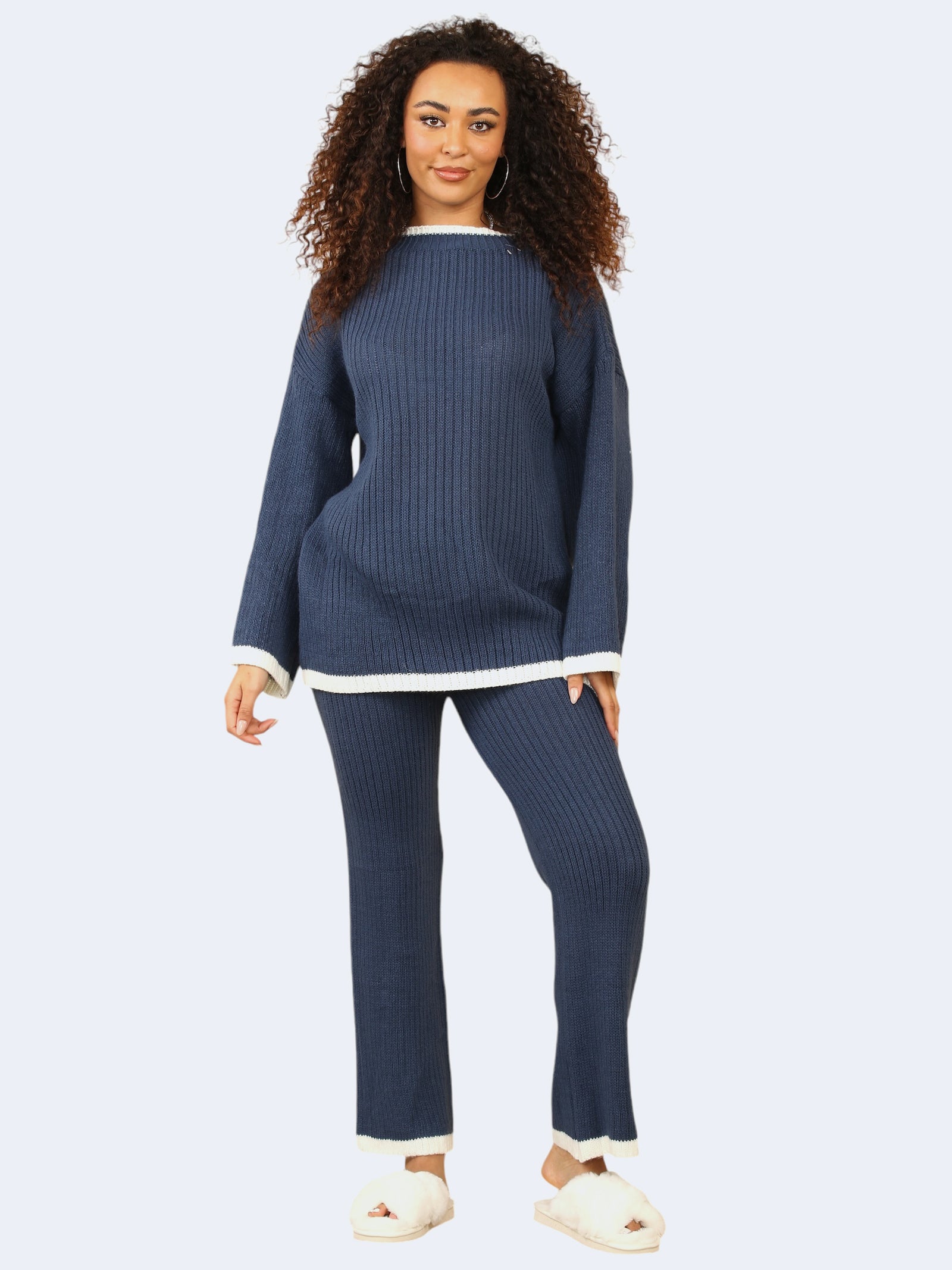 Women Round Neck Stitched Knitted Contrast Jumper & Trouser 2Pcs Co-Ord Set