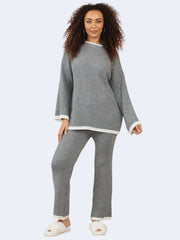 Women Round Neck Stitched Knitted Contrast Jumper & Trouser 2Pcs Co-Ord Set