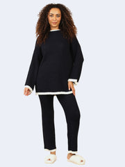 Women Round Neck Stitched Knitted Contrast Jumper & Trouser 2Pcs Co-Ord Set