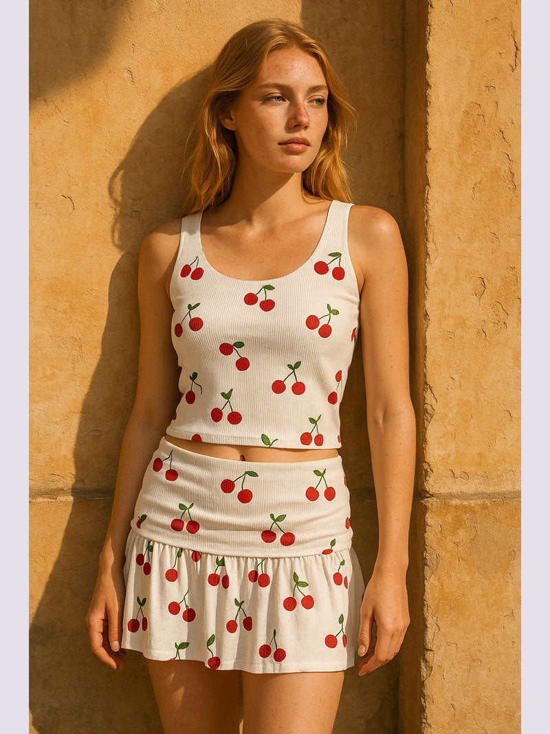 Cherry Print Slinky Mini Skort