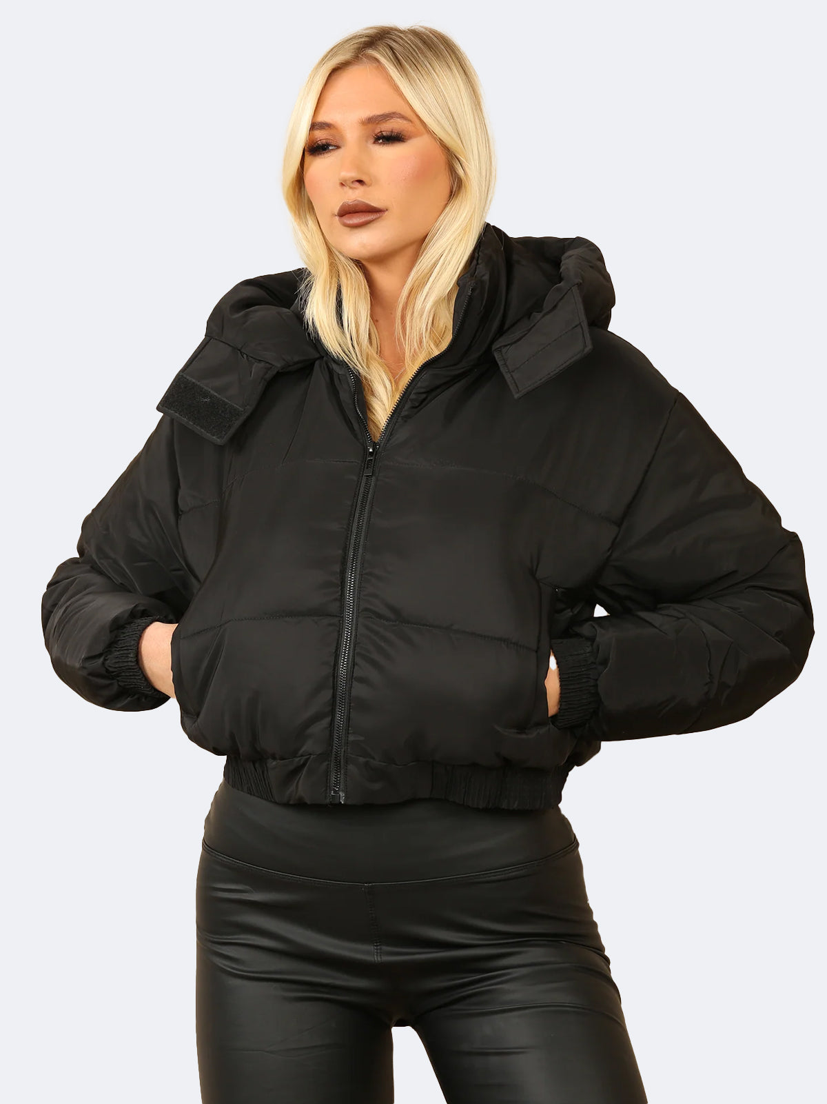 Women Cropped Hooded Zip Puffer Jacket With Detachable Hood