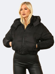 Women Cropped Hooded Zip Puffer Jacket With Detachable Hood