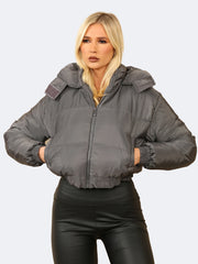 Women Cropped Hooded Zip Puffer Jacket With Detachable Hood