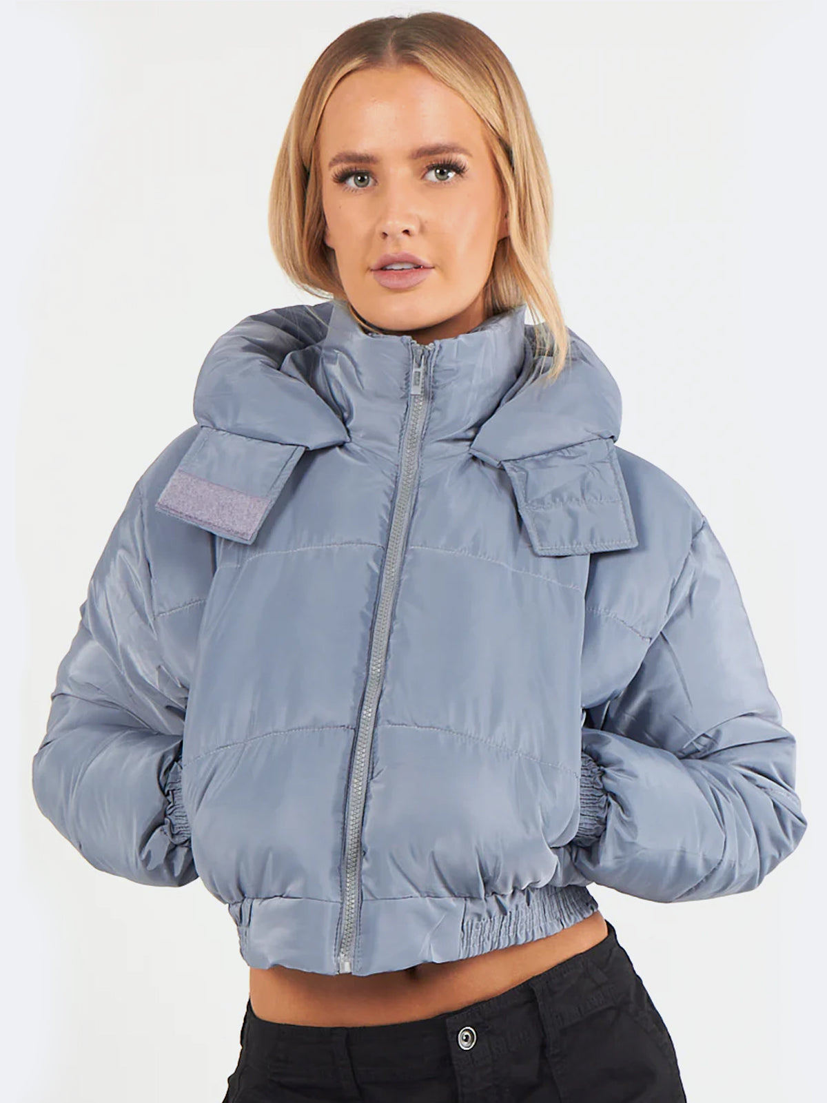 Women Cropped Hooded Zip Puffer Jacket With Detachable Hood