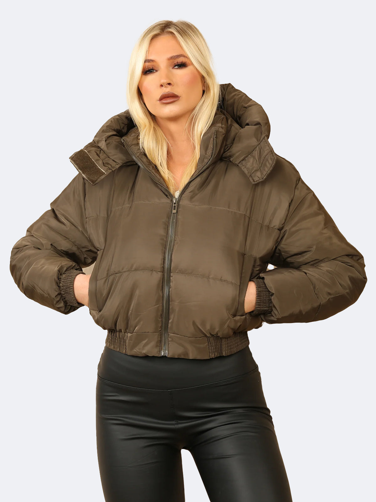 Women Cropped Hooded Zip Puffer Jacket With Detachable Hood