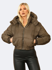 Women Cropped Hooded Zip Puffer Jacket With Detachable Hood