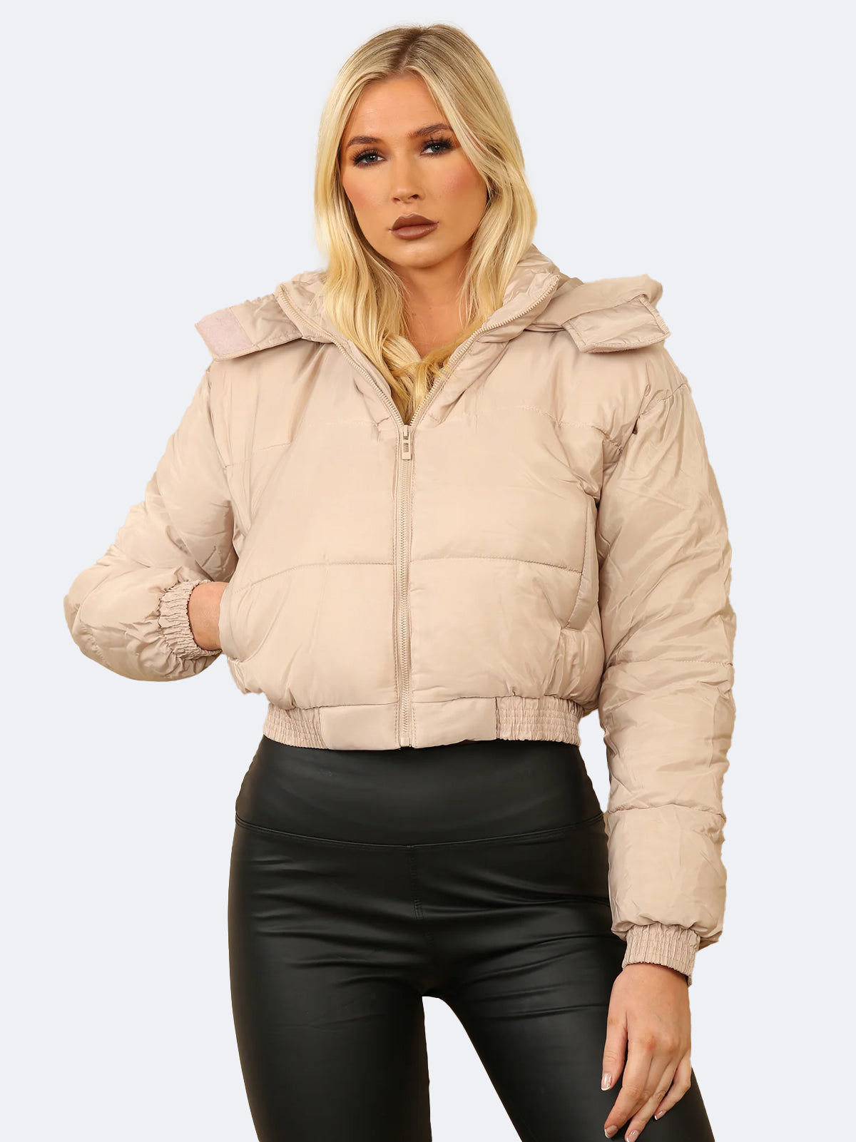 Women Cropped Hooded Zip Puffer Jacket With Detachable Hood