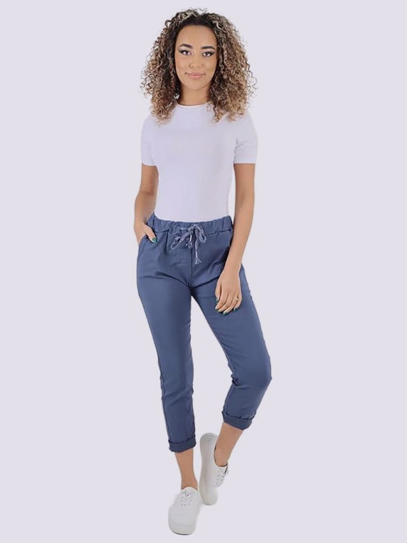 Women's Plain Magic Trousers, Ladies Italian Lagenlook Crushed Casual Stretchy Joggers Yoga Pants with Back Pocket