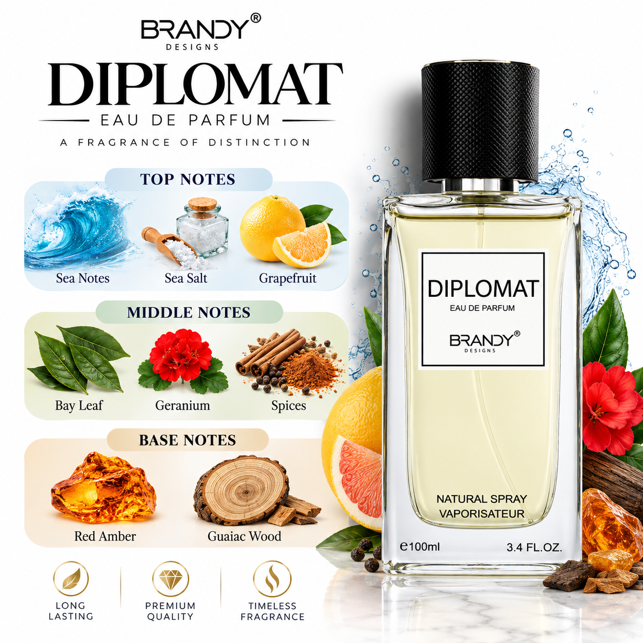 Diplomat Eau de Parfum, 100ml men's fragrance, brandy bottle design, lifestyle shot.