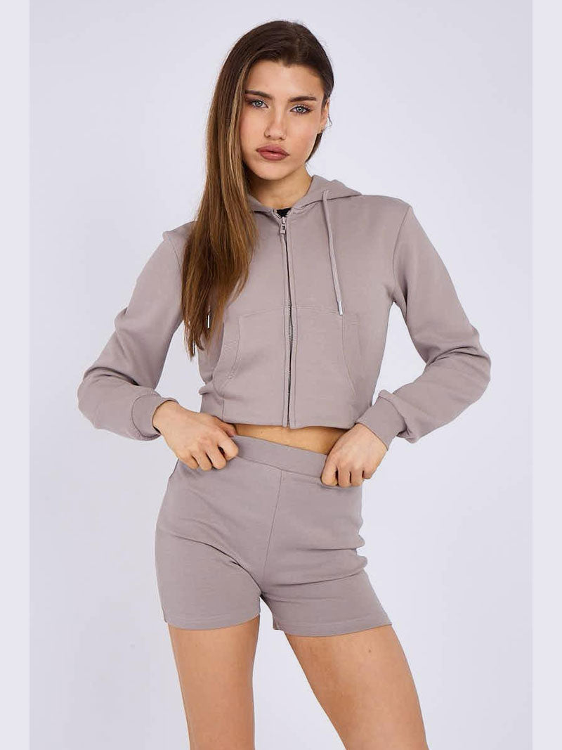 Zipped Hooded Crop Top & Seam Detail Shorts Fleece Co-ord