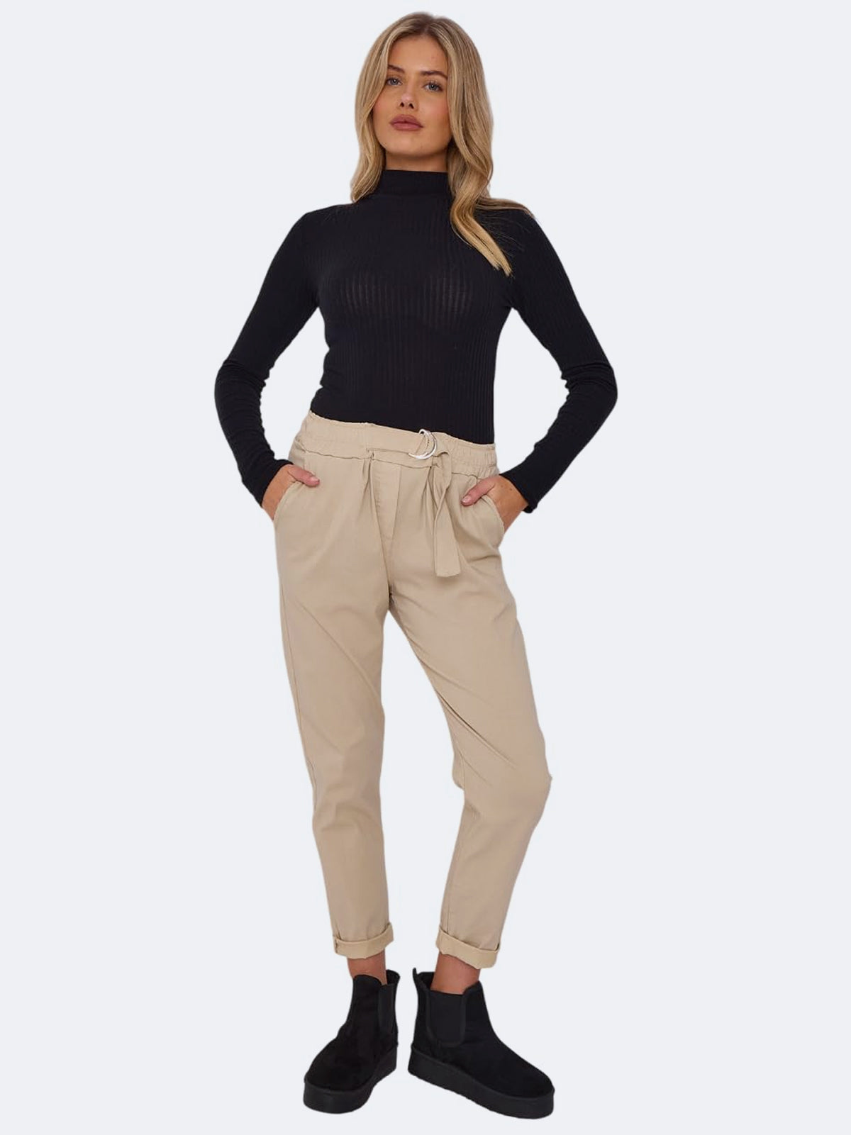 Women Premium Flat Front D-Ring Italian Magic Trousers