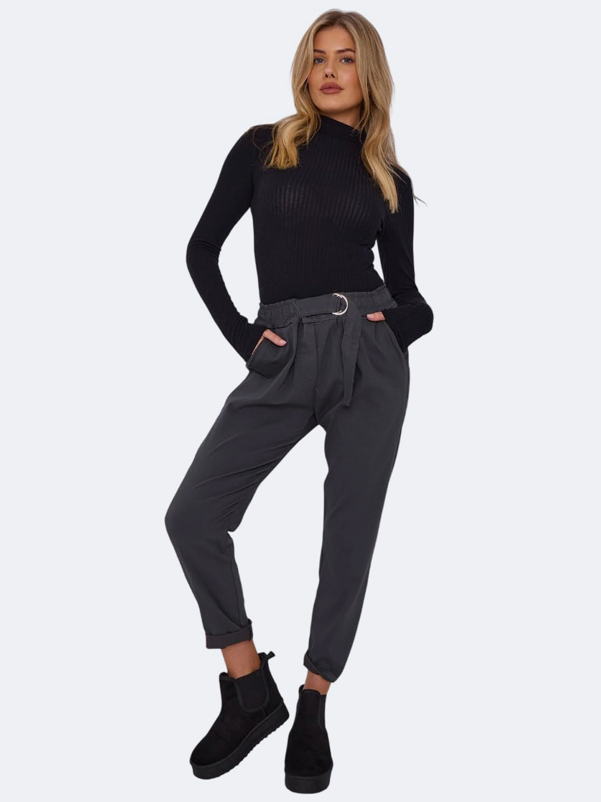 Women Premium Flat Front D-Ring Italian Magic Trousers