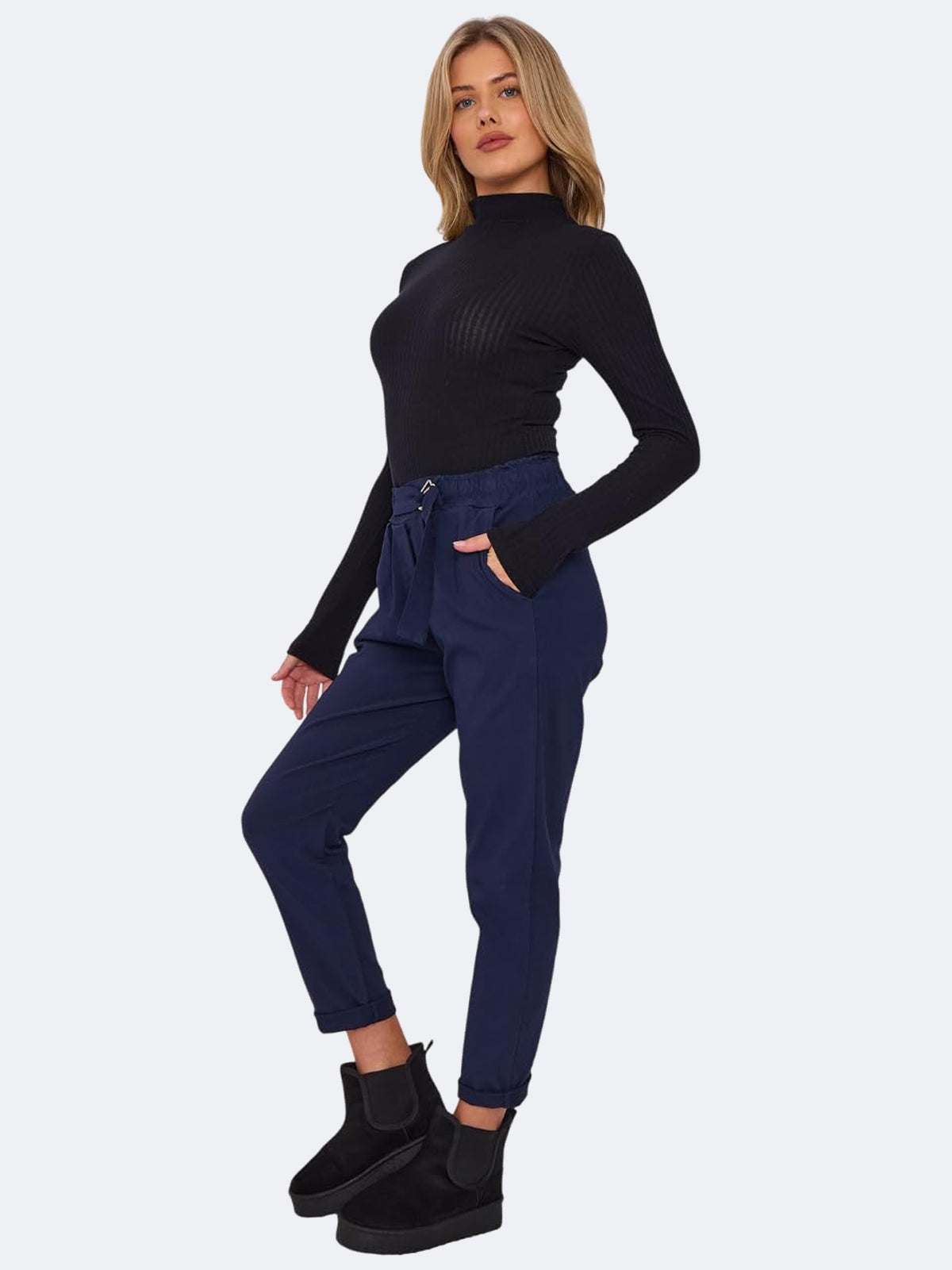 Women Premium Flat Front D-Ring Italian Magic Trousers