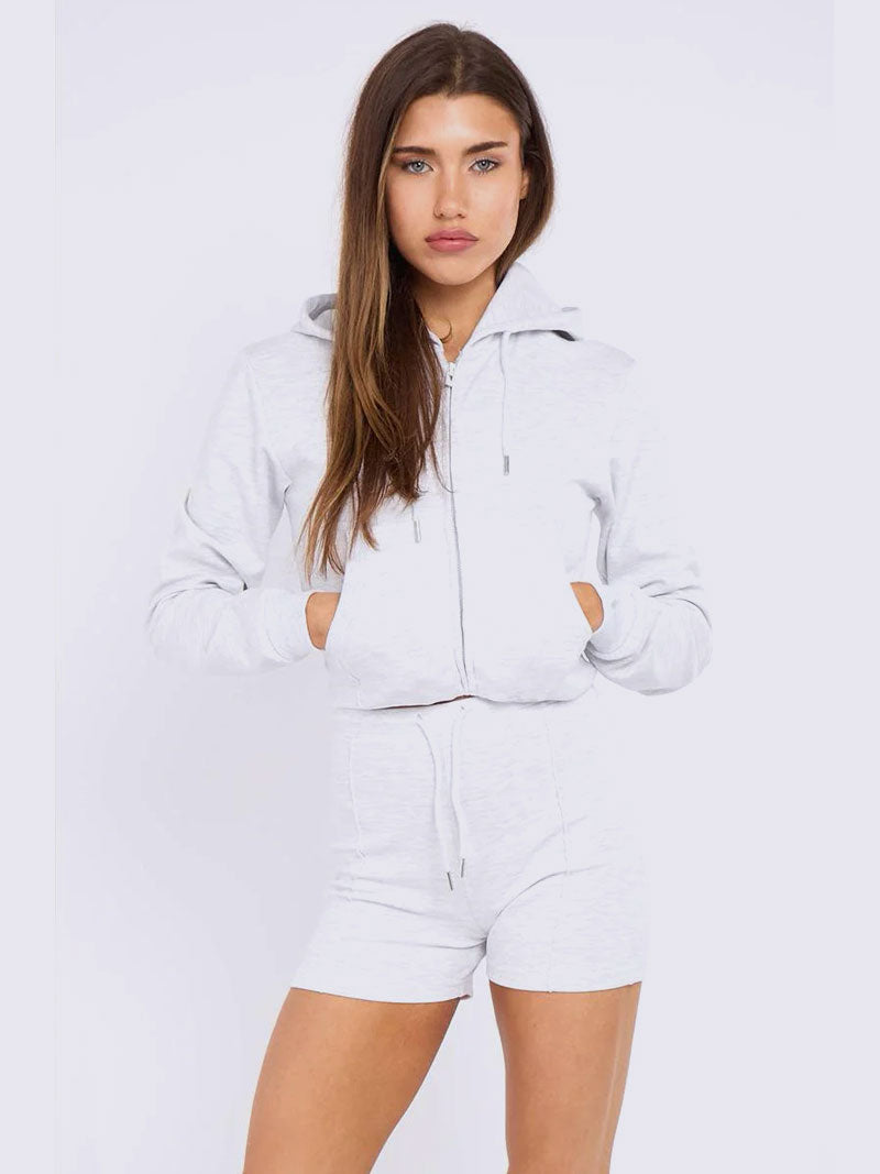 Zipped Hooded Crop Top & Seam Detail Shorts Fleece Co-ord