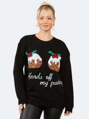 Women's Knitted Xmas Hands Off My Puddings Christmas Jumper