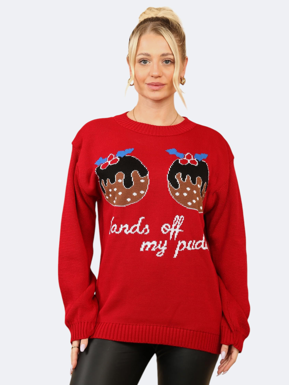 Women's Knitted Xmas Hands Off My Puddings Christmas Jumper