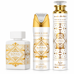 Lattafa Badee Al Oud Honor Glory perfume 3-piece gift set, front view.