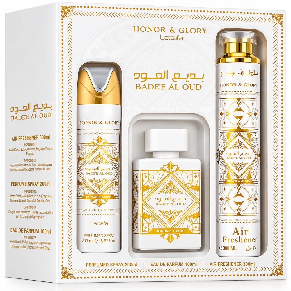 Lattafa Badee Al Oud Honor Glory perfume 3-piece gift set, product view 2. Luxurious oud fragrance.