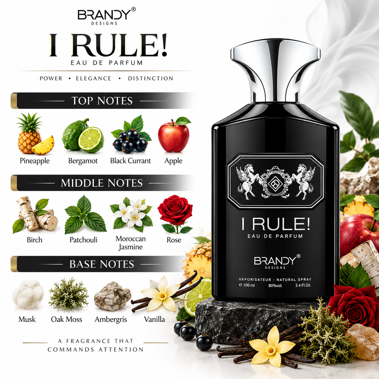 I Rule EDP 100ml men's fragrance, bottle close-up. Long-lasting scent, elegant design. Image 3 of 3.