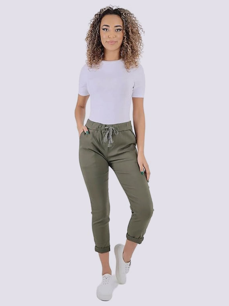 Women's Plain Magic Trousers, Ladies Italian Lagenlook Crushed Casual Stretchy Joggers Yoga Pants with Back Pocket