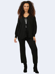 Women Knit Front Tie Balloon Sleeve Cardigan & Stretch Trousers Co-Ord Set