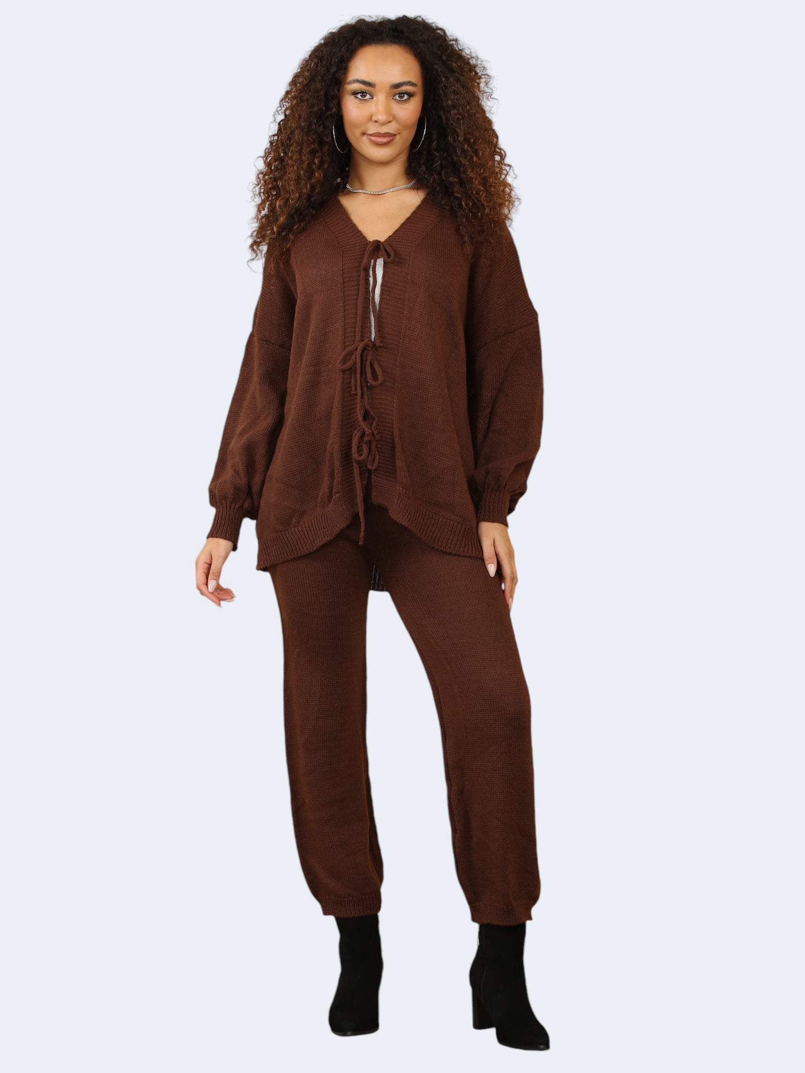 Women Knit Front Tie Balloon Sleeve Cardigan & Stretch Trousers Co-Ord Set