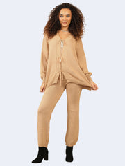 Women Knit Front Tie Balloon Sleeve Cardigan & Stretch Trousers Co-Ord Set