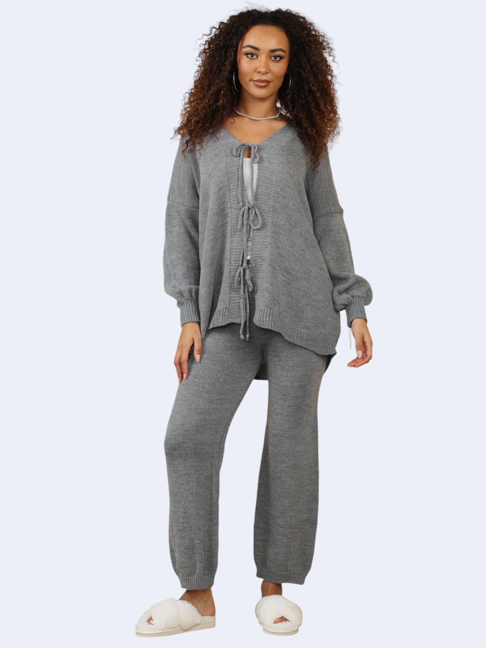 Women Knit Front Tie Balloon Sleeve Cardigan & Stretch Trousers Co-Ord Set