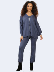 Women Knit Front Tie Balloon Sleeve Cardigan & Stretch Trousers Co-Ord Set