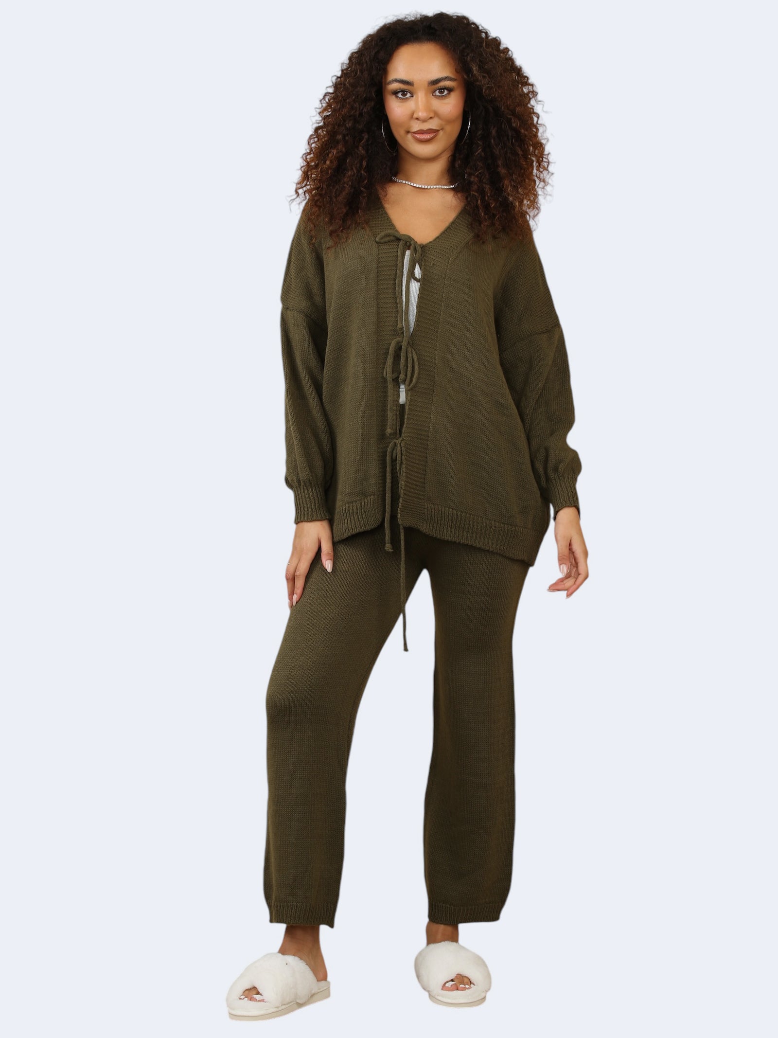 Women Knit Front Tie Balloon Sleeve Cardigan & Stretch Trousers Co-Ord Set