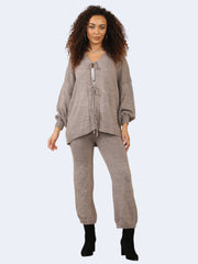 Women Knit Front Tie Balloon Sleeve Cardigan & Stretch Trousers Co-Ord Set