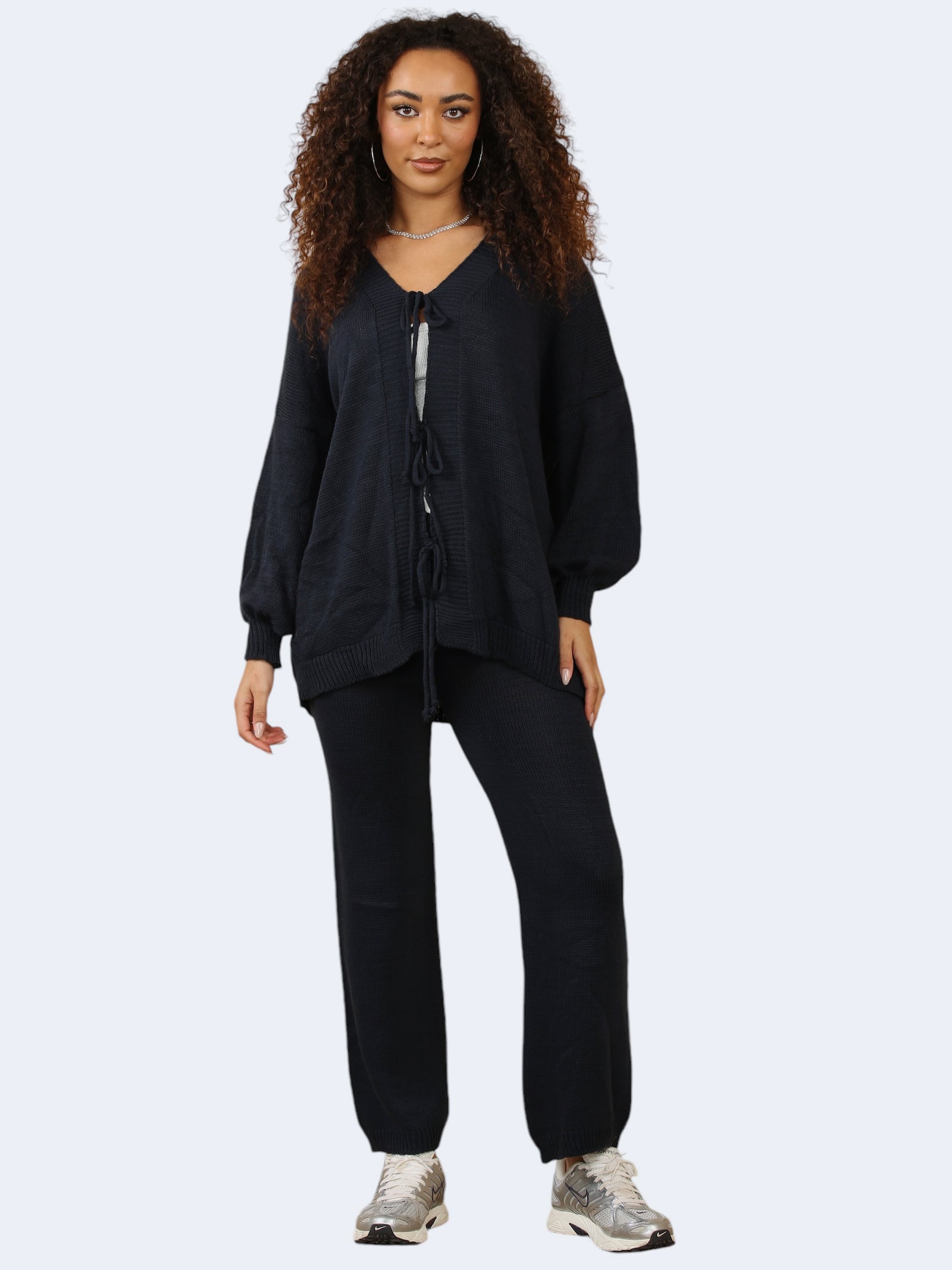 Women Knit Front Tie Balloon Sleeve Cardigan & Stretch Trousers Co-Ord Set