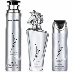 Lattafa Maahir Legacy perfume gift set, 3 pcs, bottle and deodorant spray, elegant fragrance. Image 1 of 2.