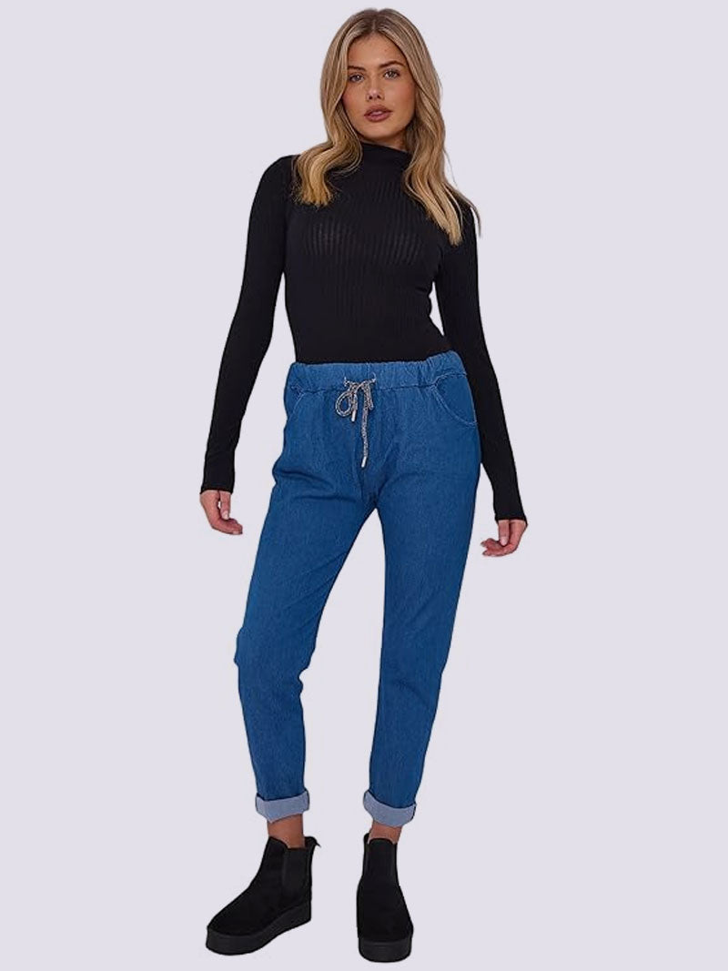 Ladies Italian Jeans Denim Style Stretch Magic Trousers, Women Elasticated Waist Smart Crushed Casual Look Joggers Pants