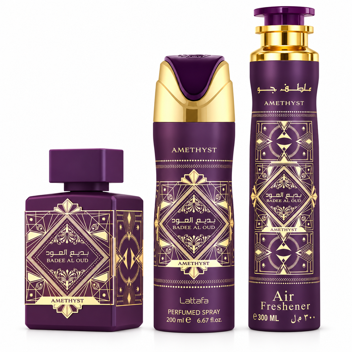 Badee Al Oud Amethyst Lattafa perfume gift set 3 pieces, front view. Luxurious fragrance.
