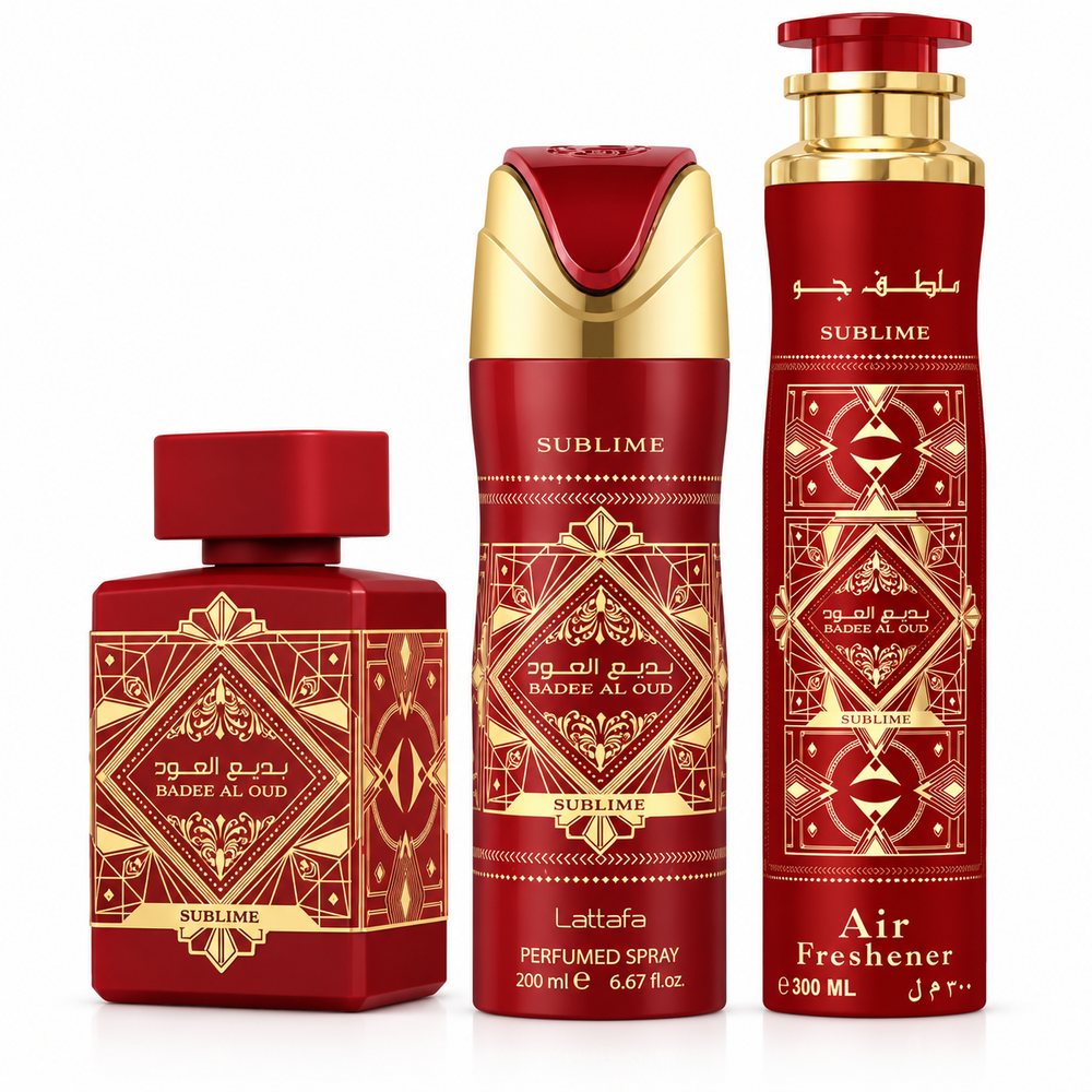 Lattafa Badee Al Oud Sublime perfume gift set, 3 pieces, front view.